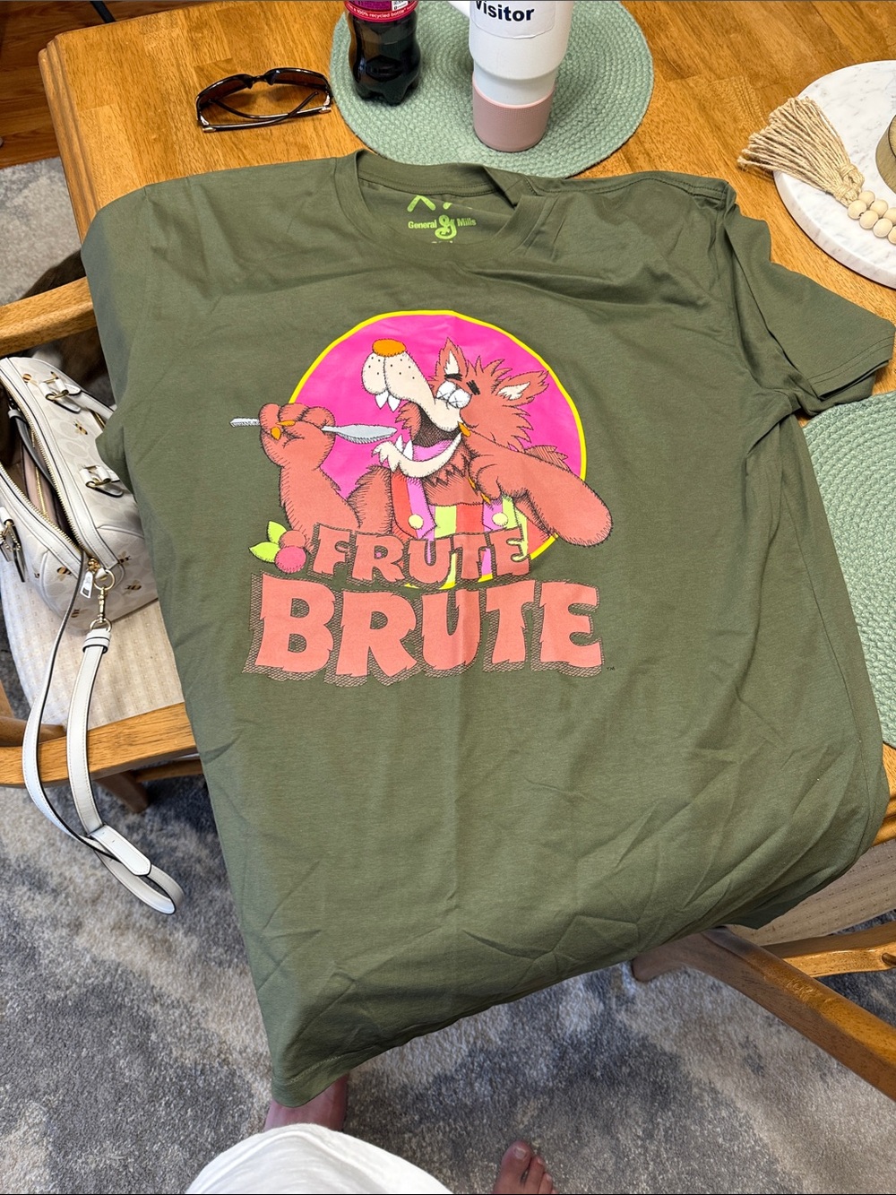 KAWS Olive Green Short Sleeve Tee with Pink & Coral Frute Brute Graphic